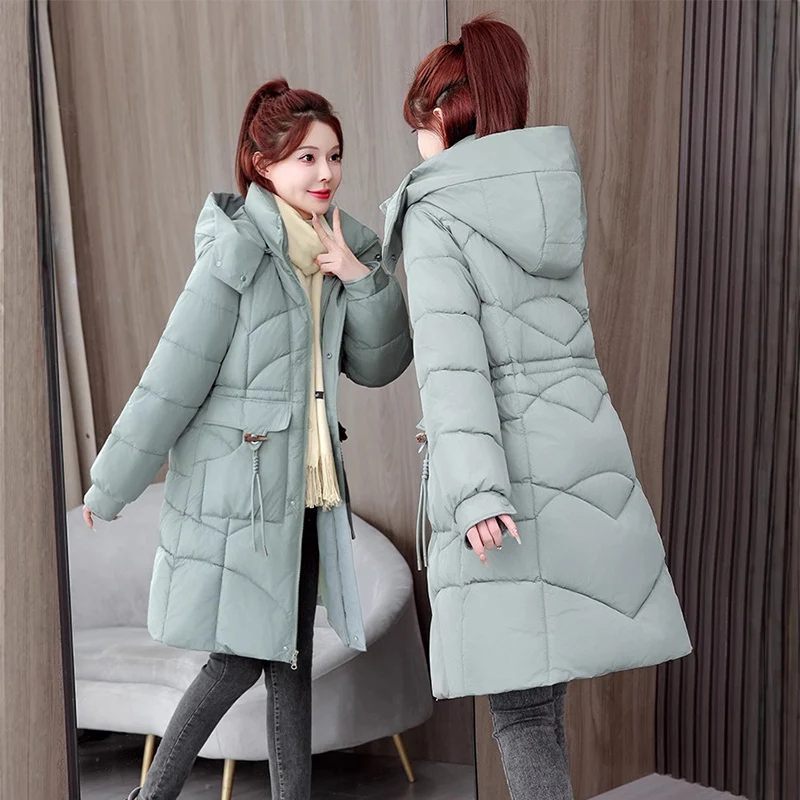 Zipper Up Mid-Long Parkas Women Winter Thicken Coldproof Warm Parkas Woman Fashion Stand Up Collar Hooded Cotton Jacket Female