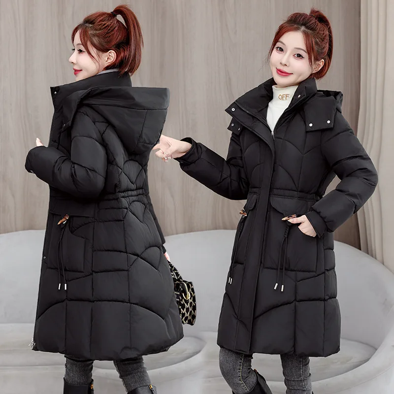 Zipper Up Mid-Long Parkas Women Winter Thicken Coldproof Warm Parkas Woman Fashion Stand Up Collar Hooded Cotton Jacket Female
