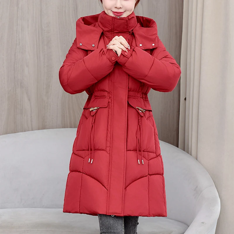 Zipper Up Mid-Long Parkas Women Winter Thicken Coldproof Warm Parkas Woman Fashion Stand Up Collar Hooded Cotton Jacket Female