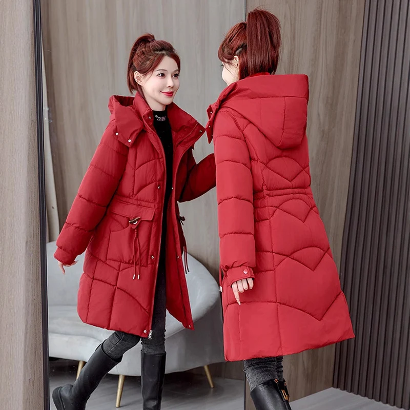 Zipper Up Mid-Long Parkas Women Winter Thicken Coldproof Warm Parkas Woman Fashion Stand Up Collar Hooded Cotton Jacket Female
