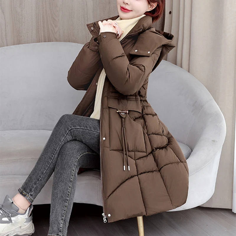 Zipper Up Mid-Long Parkas Women Winter Thicken Coldproof Warm Parkas Woman Fashion Stand Up Collar Hooded Cotton Jacket Female