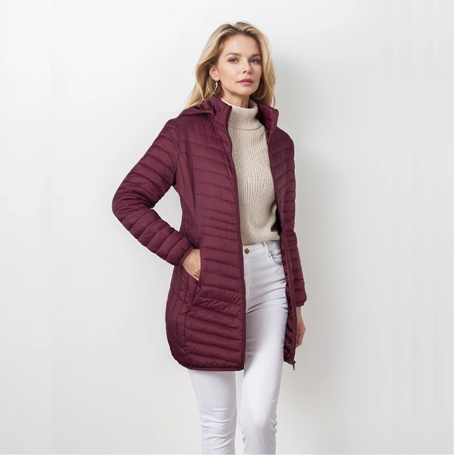 SANTELON Outdoor Windproof Warm Puffer Coat For Women Ultralight Smooth Packable Outwear With Detachable Hood NOT Asian Size
