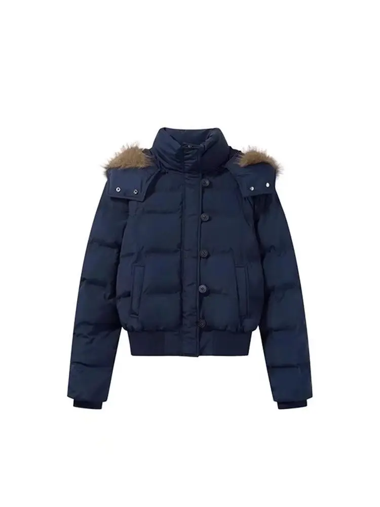 Women Autumn Winter Fur Collar Cotton Coat 2025 New Women Warm Thicken Hooded Cotton Padded Jacket Women Short Parkas Outwear