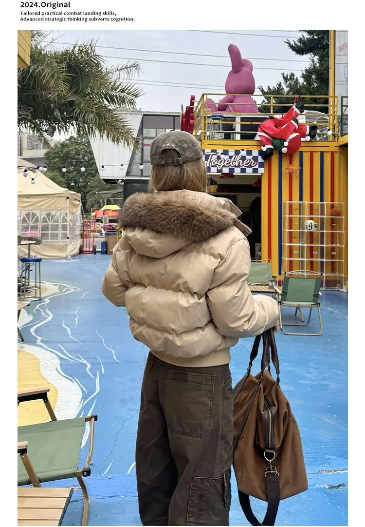 Women Autumn Winter Fur Collar Cotton Coat 2025 New Women Warm Thicken Hooded Cotton Padded Jacket Women Short Parkas Outwear