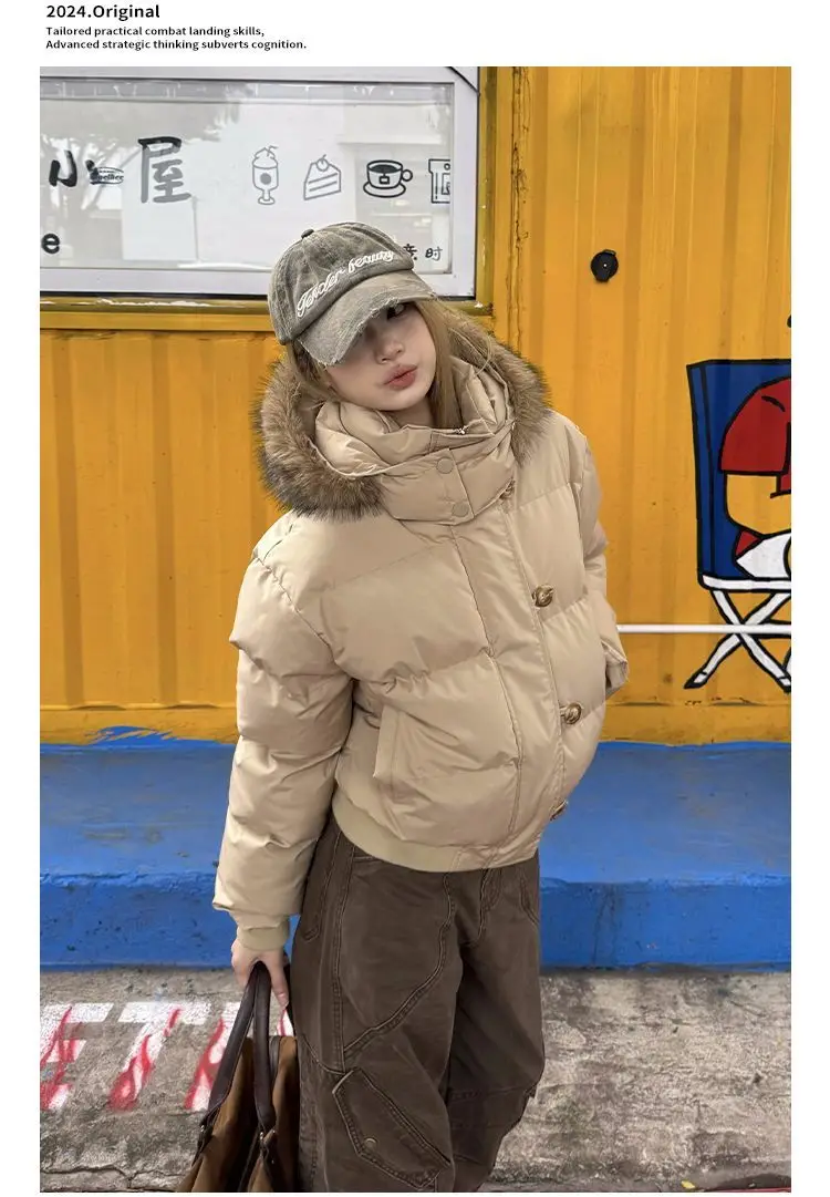 Women Autumn Winter Fur Collar Cotton Coat 2025 New Women Warm Thicken Hooded Cotton Padded Jacket Women Short Parkas Outwear