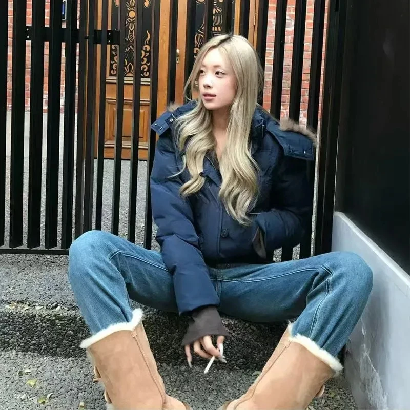 Women Autumn Winter Fur Collar Cotton Coat 2025 New Women Warm Thicken Hooded Cotton Padded Jacket Women Short Parkas Outwear
