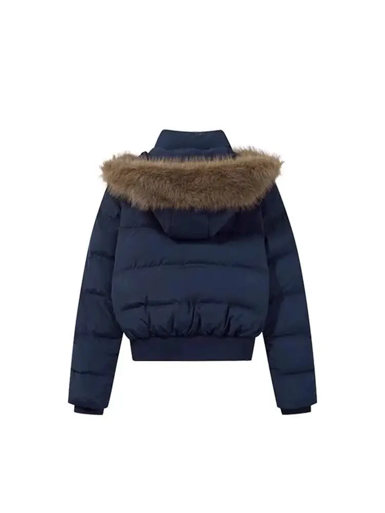 Women Autumn Winter Fur Collar Cotton Coat 2025 New Women Warm Thicken Hooded Cotton Padded Jacket Women Short Parkas Outwear