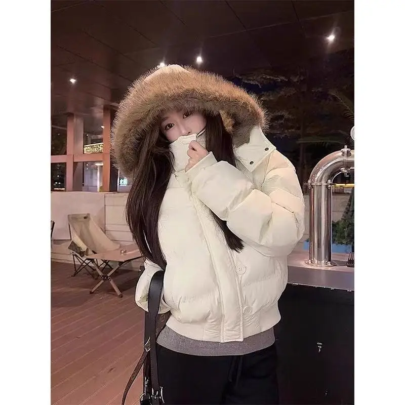 Women Autumn Winter Fur Collar Cotton Coat 2025 New Women Warm Thicken Hooded Cotton Padded Jacket Women Short Parkas Outwear