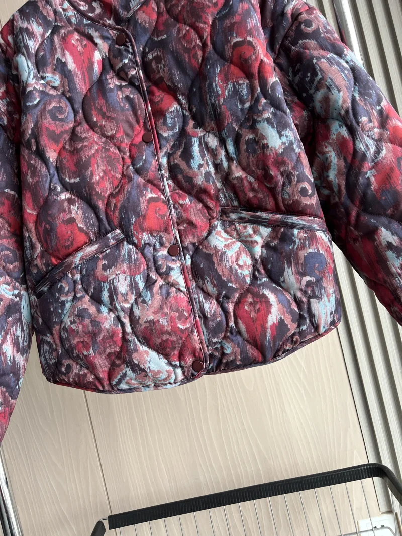 ETJ 2025 Women's Spring collection Elegant fashion print loose edition vintage crewneck cotton-padded jacket