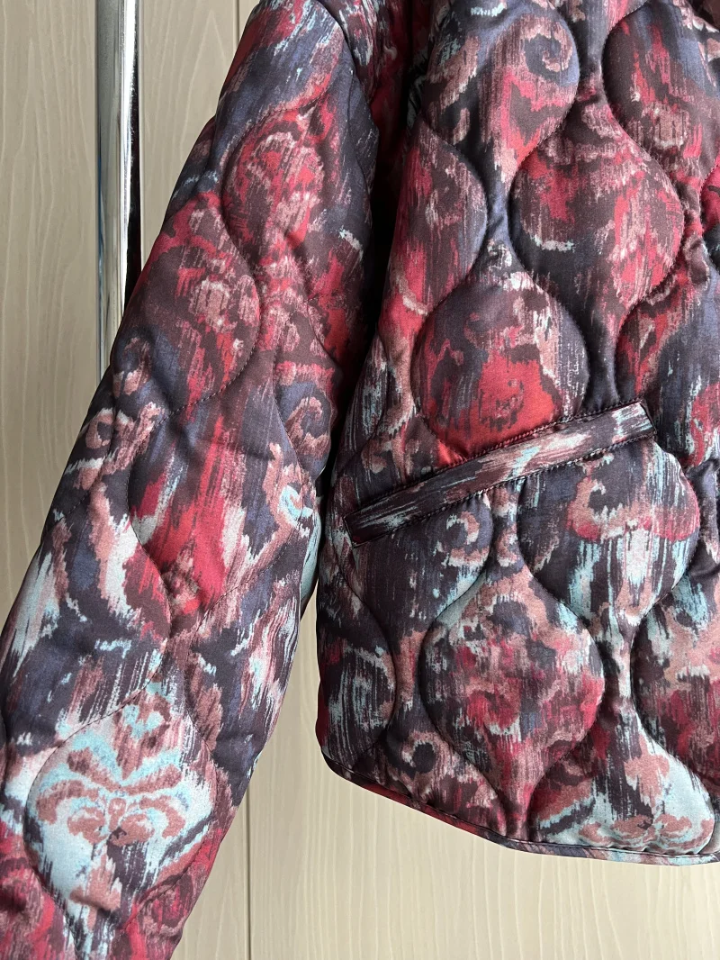 ETJ 2025 Women's Spring collection Elegant fashion print loose edition vintage crewneck cotton-padded jacket
