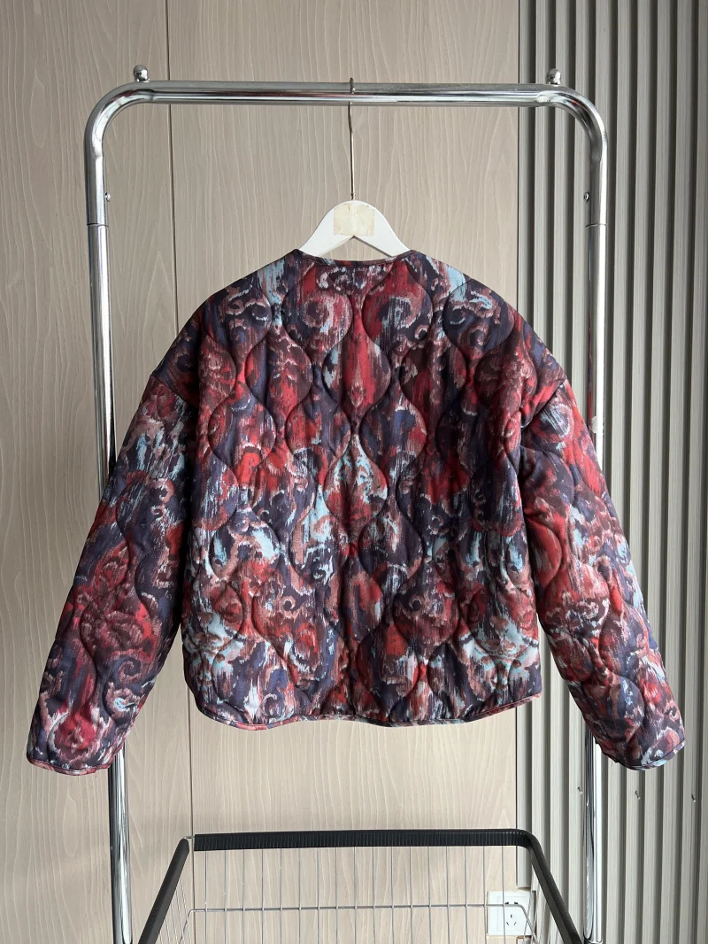 ETJ 2025 Women's Spring collection Elegant fashion print loose edition vintage crewneck cotton-padded jacket