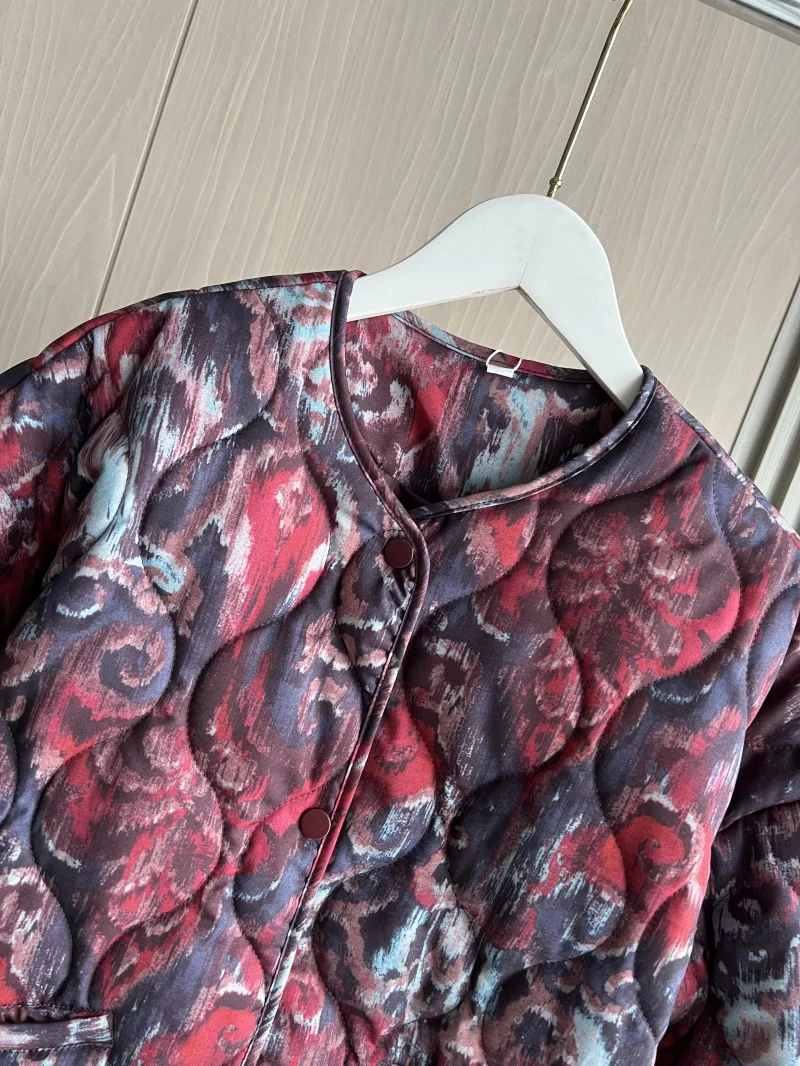 ETJ 2025 Women's Spring collection Elegant fashion print loose edition vintage crewneck cotton-padded jacket