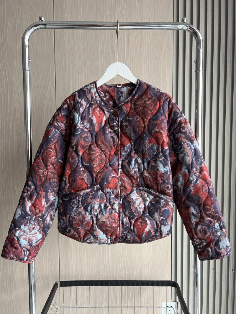 ETJ 2025 Women's Spring collection Elegant fashion print loose edition vintage crewneck cotton-padded jacket