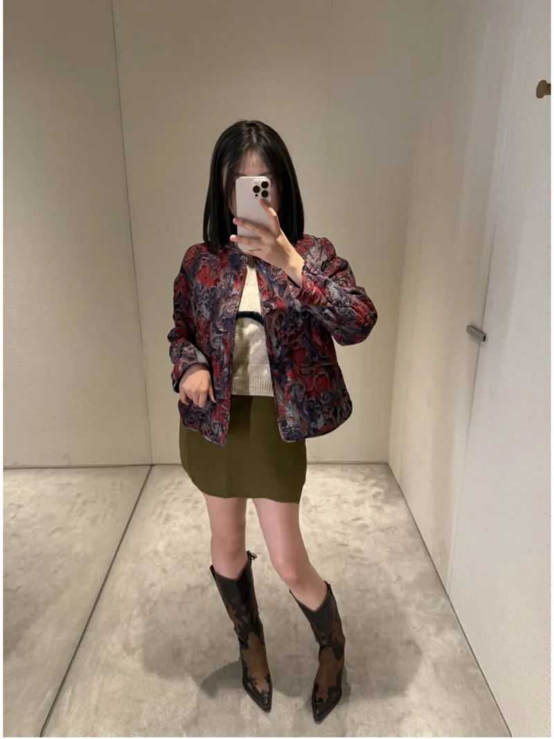 ETJ 2025 Women's Spring collection Elegant fashion print loose edition vintage crewneck cotton-padded jacket
