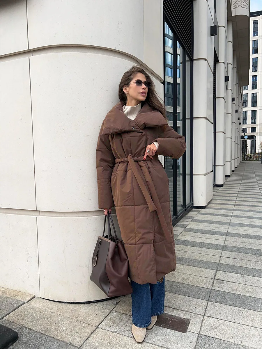 Bornladies Women Loose Quilted Jackets Parkas Winter Coats Oversized Warm Long Belt Puffer Jackets Ladies Cotton Padded Jacket