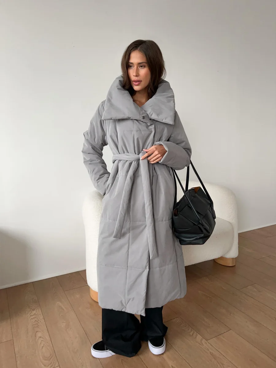 Bornladies Women Loose Quilted Jackets Parkas Winter Coats Oversized Warm Long Belt Puffer Jackets Ladies Cotton Padded Jacket
