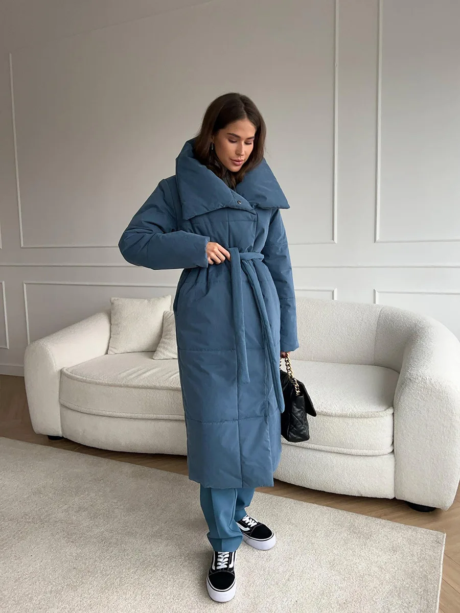 Bornladies Women Loose Quilted Jackets Parkas Winter Coats Oversized Warm Long Belt Puffer Jackets Ladies Cotton Padded Jacket