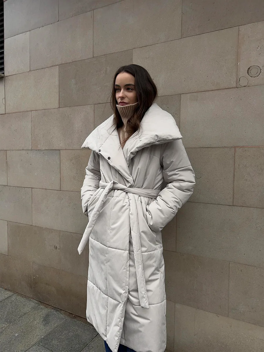 Bornladies Women Loose Quilted Jackets Parkas Winter Coats Oversized Warm Long Belt Puffer Jackets Ladies Cotton Padded Jacket