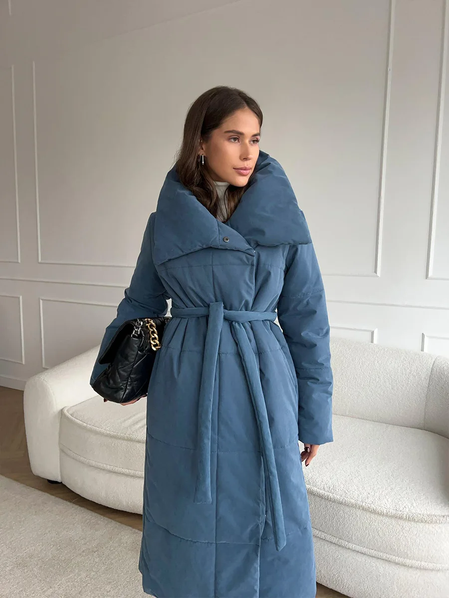 Bornladies Women Loose Quilted Jackets Parkas Winter Coats Oversized Warm Long Belt Puffer Jackets Ladies Cotton Padded Jacket