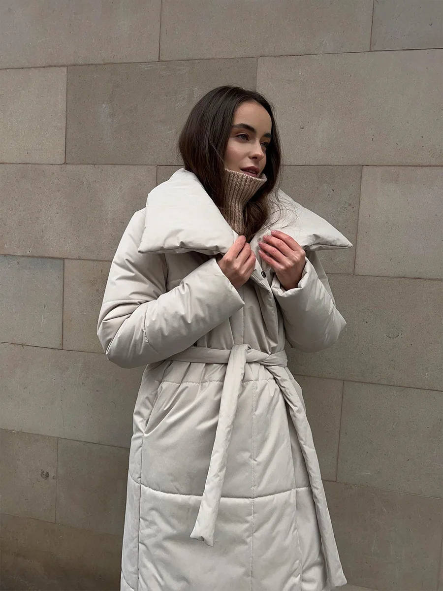 Bornladies Women Loose Quilted Jackets Parkas Winter Coats Oversized Warm Long Belt Puffer Jackets Ladies Cotton Padded Jacket
