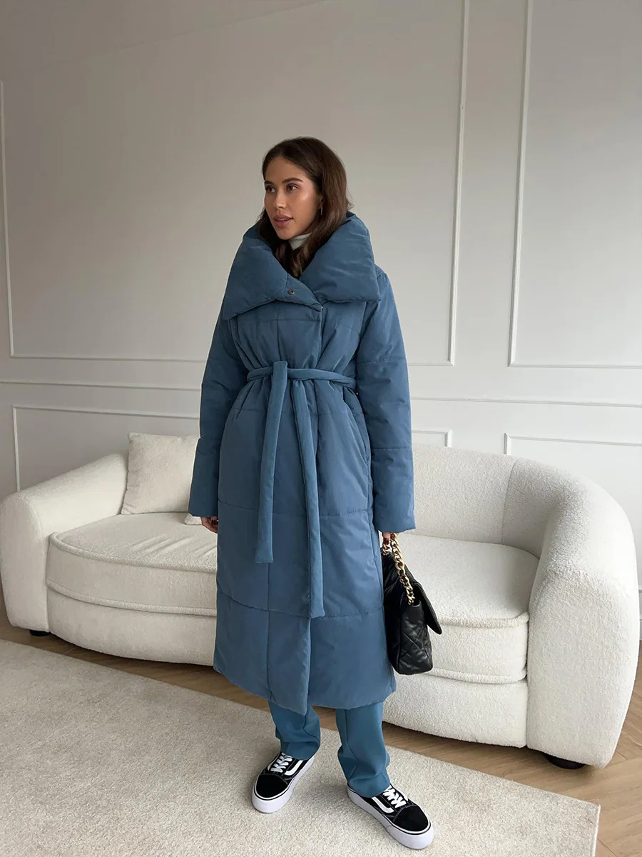 Bornladies Women Loose Quilted Jackets Parkas Winter Coats Oversized Warm Long Belt Puffer Jackets Ladies Cotton Padded Jacket