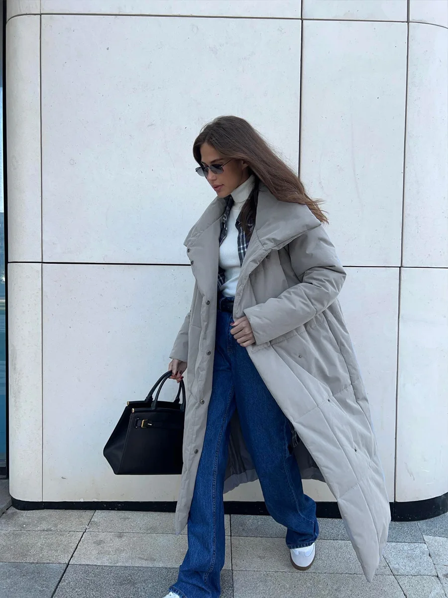 Bornladies Women Loose Quilted Jackets Parkas Winter Coats Oversized Warm Long Belt Puffer Jackets Ladies Cotton Padded Jacket