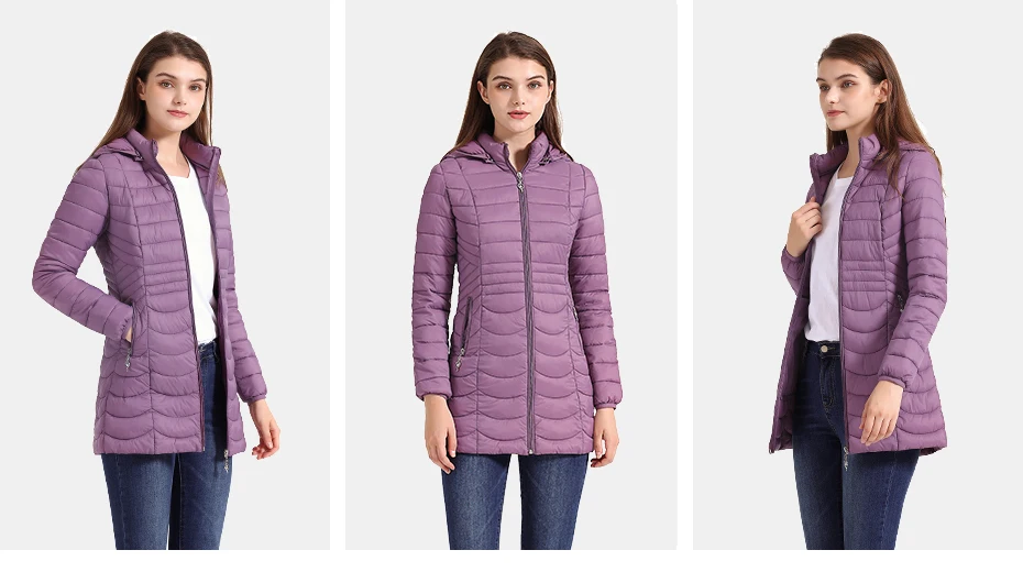 SANTELON Women Long Warm Parka For Women Ultralight Padded Puffer Jacket Coat With Detachable Hood Lightweight Outwear Clothing