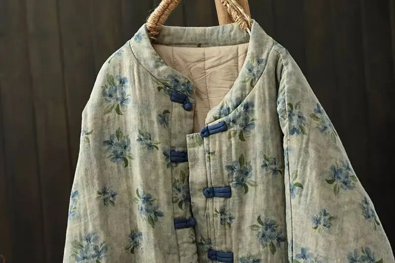 Johnature Vintage Buckle Floral Print Chinese Style Parkas 2025 Woman Winter New Long Sleeves Loose Single Breasted Parkas