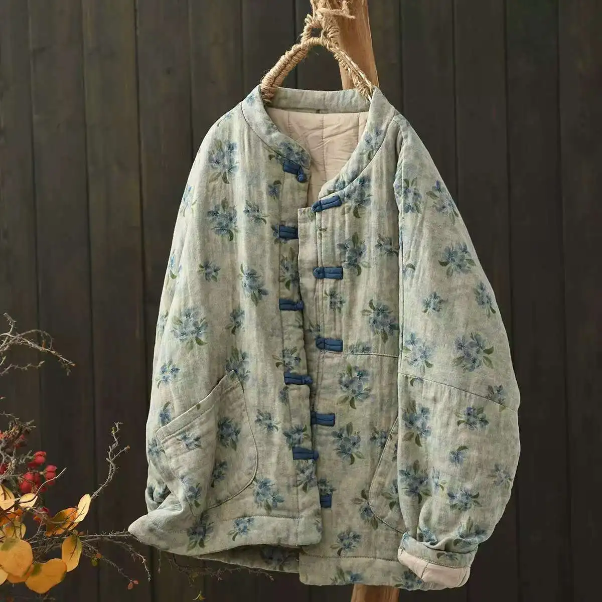 Johnature Vintage Buckle Floral Print Chinese Style Parkas 2025 Woman Winter New Long Sleeves Loose Single Breasted Parkas
