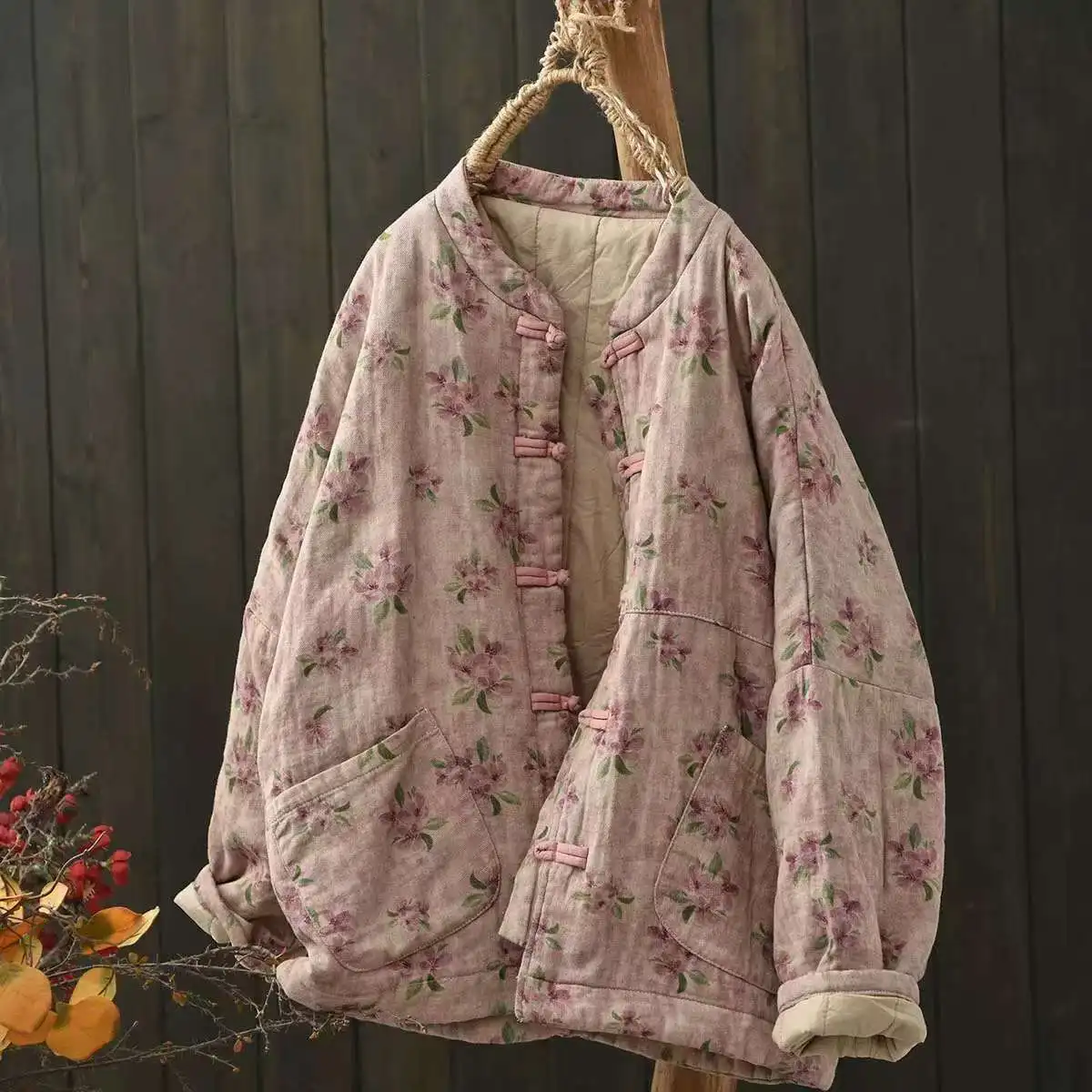 Johnature Vintage Buckle Floral Print Chinese Style Parkas 2025 Woman Winter New Long Sleeves Loose Single Breasted Parkas