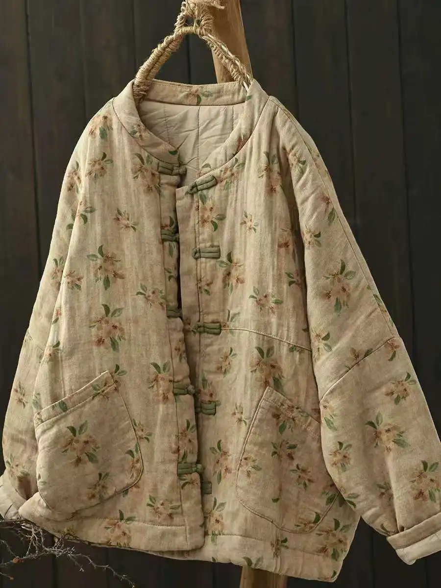 Johnature Vintage Buckle Floral Print Chinese Style Parkas 2025 Woman Winter New Long Sleeves Loose Single Breasted Parkas