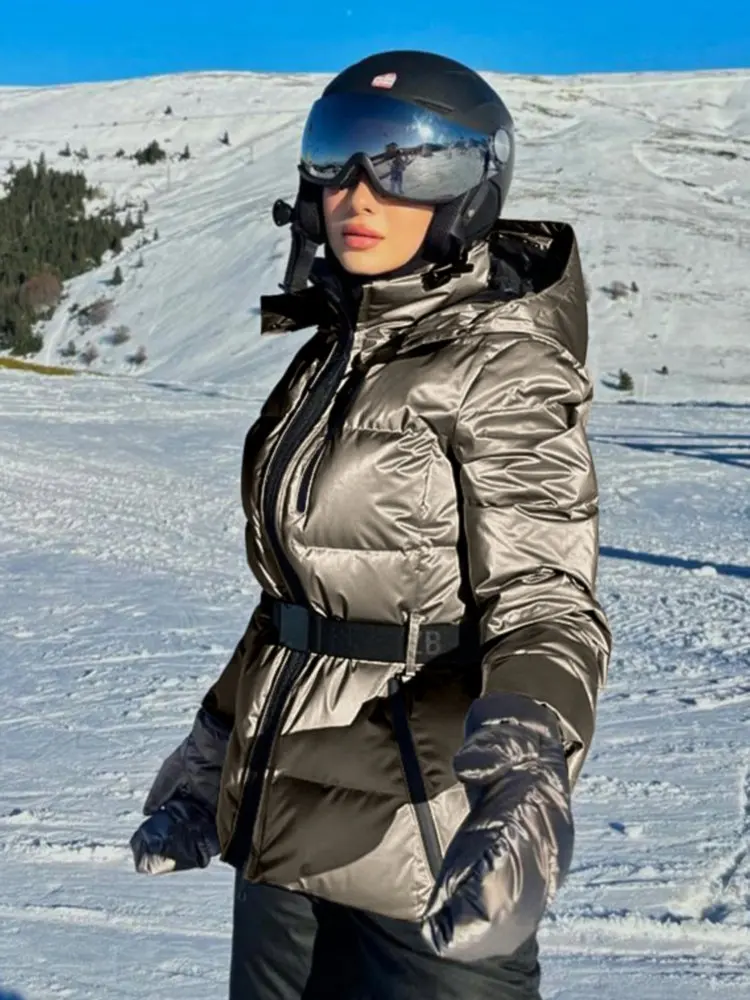 2027 Women Winter Hooded Down Jackets With Belt Lady Warm Thick Long Sleeve Stand Collar Parkas Padded Coats Sports Ski Outdoor