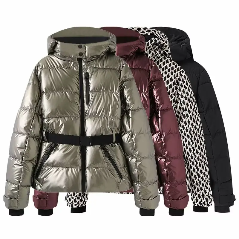 2027 Women Winter Hooded Down Jackets With Belt Lady Warm Thick Long Sleeve Stand Collar Parkas Padded Coats Sports Ski Outdoor