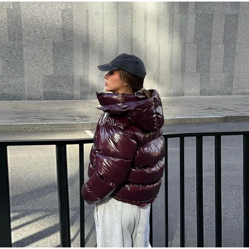 Casual Puffy Hooded Cotton Coats For Women Stand Collar Zipper Long Sleeve Warm Coat 2026 Autumn Lady Street Chic Down Jacket