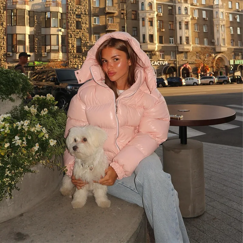 Casual Puffy Hooded Cotton Coats For Women Stand Collar Zipper Long Sleeve Warm Coat 2026 Autumn Lady Street Chic Down Jacket