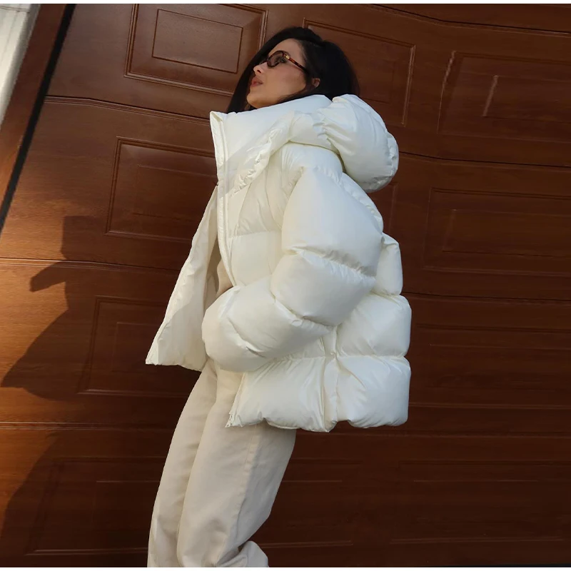 Casual Puffy Hooded Cotton Coats For Women Stand Collar Zipper Long Sleeve Warm Coat 2026 Autumn Lady Street Chic Down Jacket