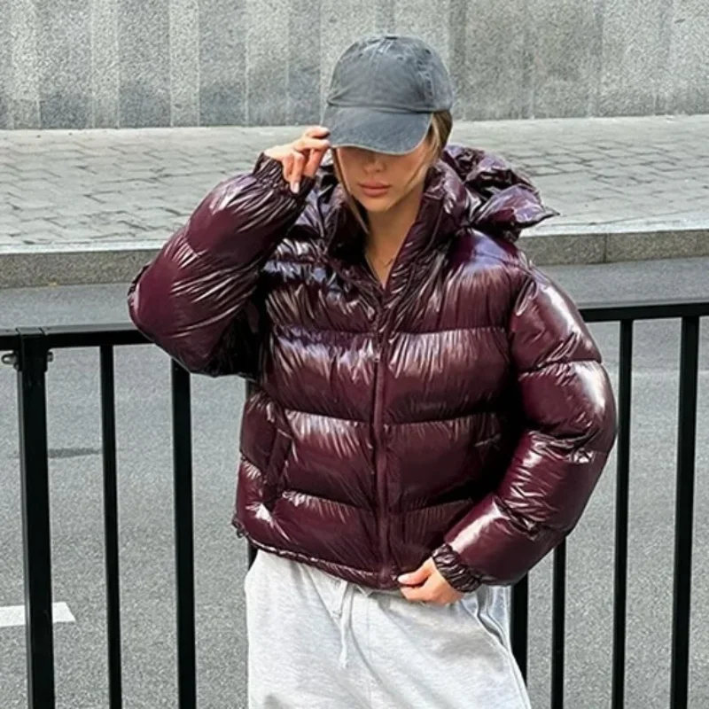 Casual Puffy Hooded Cotton Coats For Women Stand Collar Zipper Long Sleeve Warm Coat 2026 Autumn Lady Street Chic Down Jacket