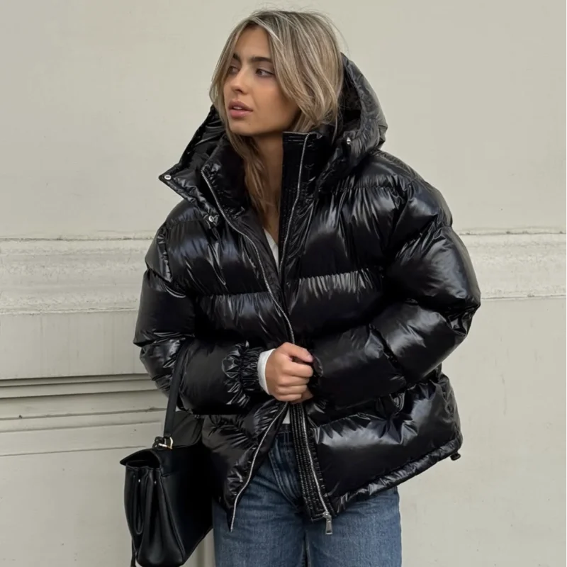 Casual Puffy Hooded Cotton Coats For Women Stand Collar Zipper Long Sleeve Warm Coat 2026 Autumn Lady Street Chic Down Jacket