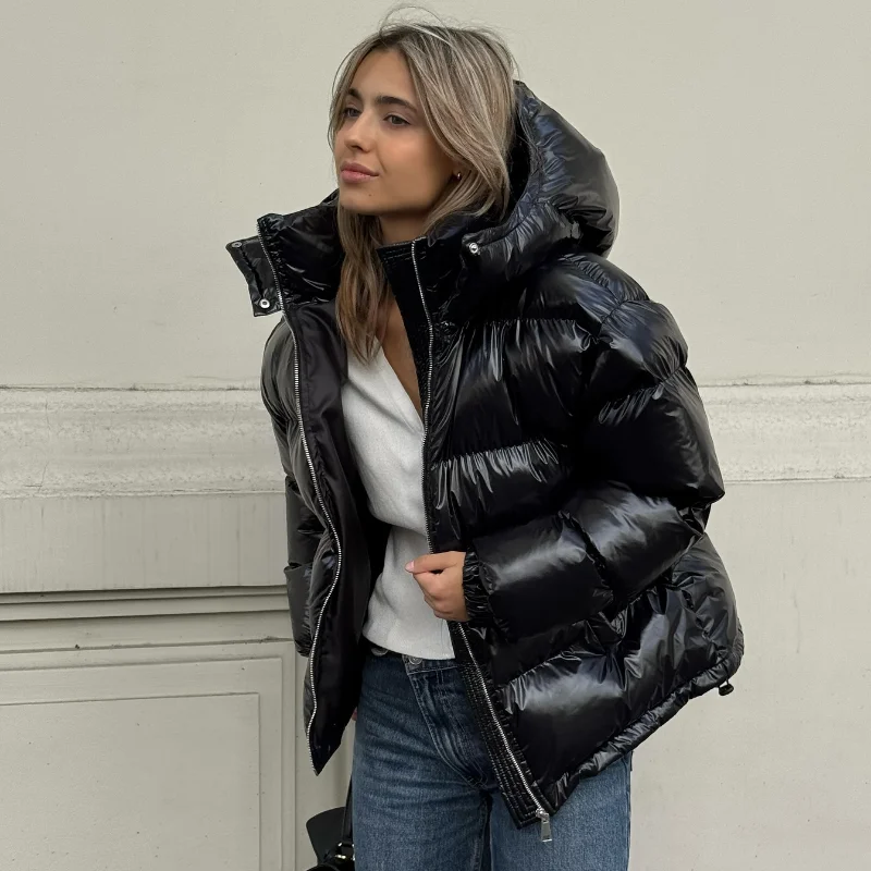 Casual Puffy Hooded Cotton Coats For Women Stand Collar Zipper Long Sleeve Warm Coat 2026 Autumn Lady Street Chic Down Jacket