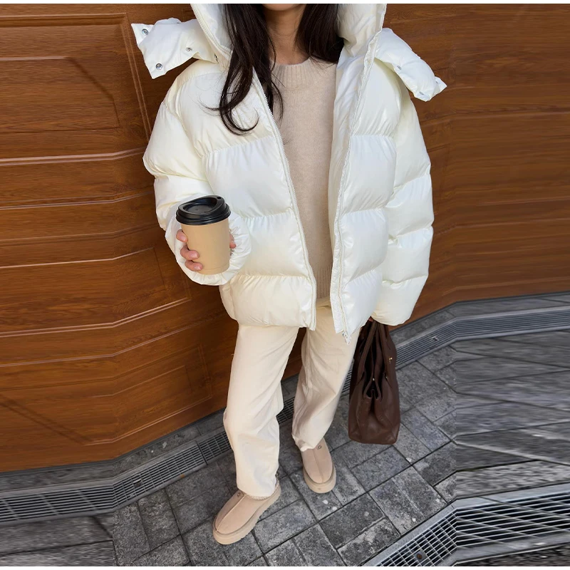 Casual Puffy Hooded Cotton Coats For Women Stand Collar Zipper Long Sleeve Warm Coat 2026 Autumn Lady Street Chic Down Jacket