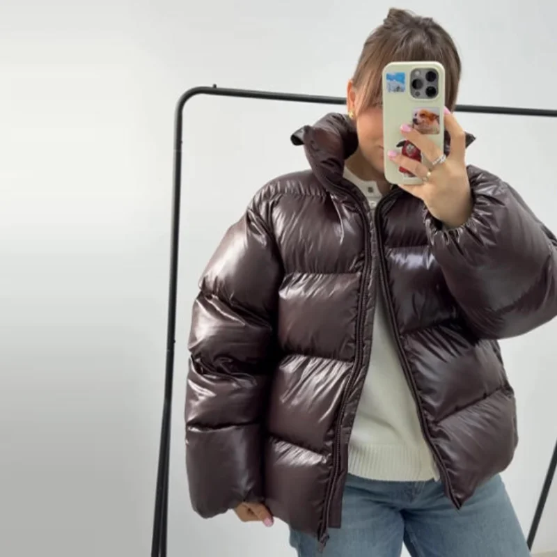 Casual Puffy Hooded Cotton Coats For Women Stand Collar Zipper Long Sleeve Warm Coat 2026 Autumn Lady Street Chic Down Jacket
