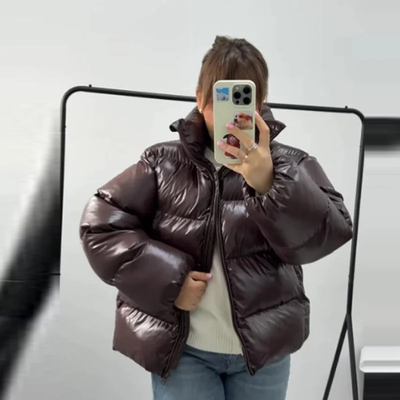 Casual Puffy Hooded Cotton Coats For Women Stand Collar Zipper Long Sleeve Warm Coat 2026 Autumn Lady Street Chic Down Jacket