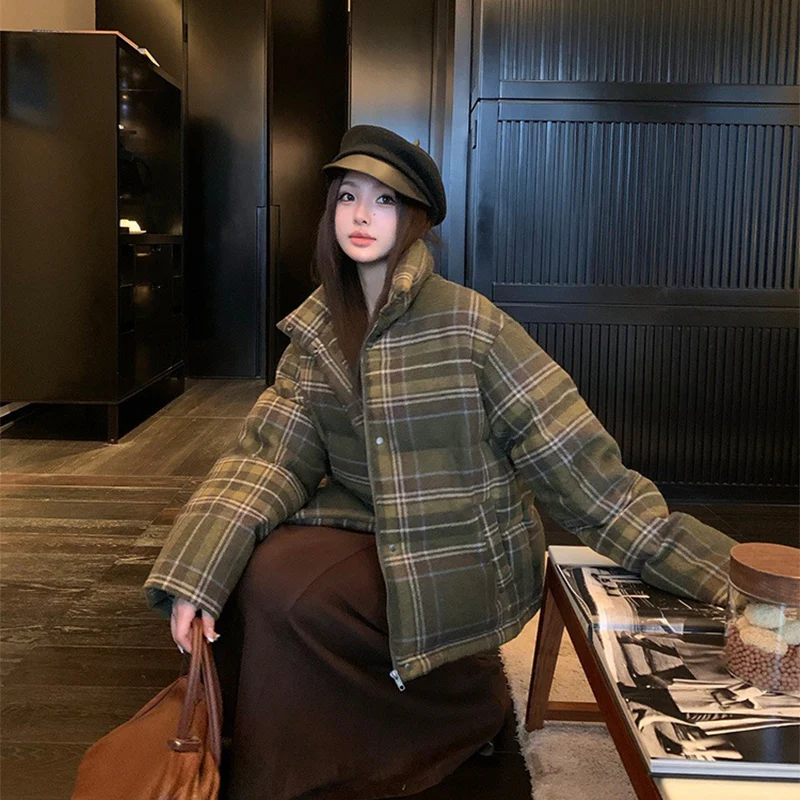 Y2K Street Plaid Print Cotton-Padded Jacket Women Winter Thicken Warm Puffy Bread Coat Korean Retro Student Down Cotton Parkas