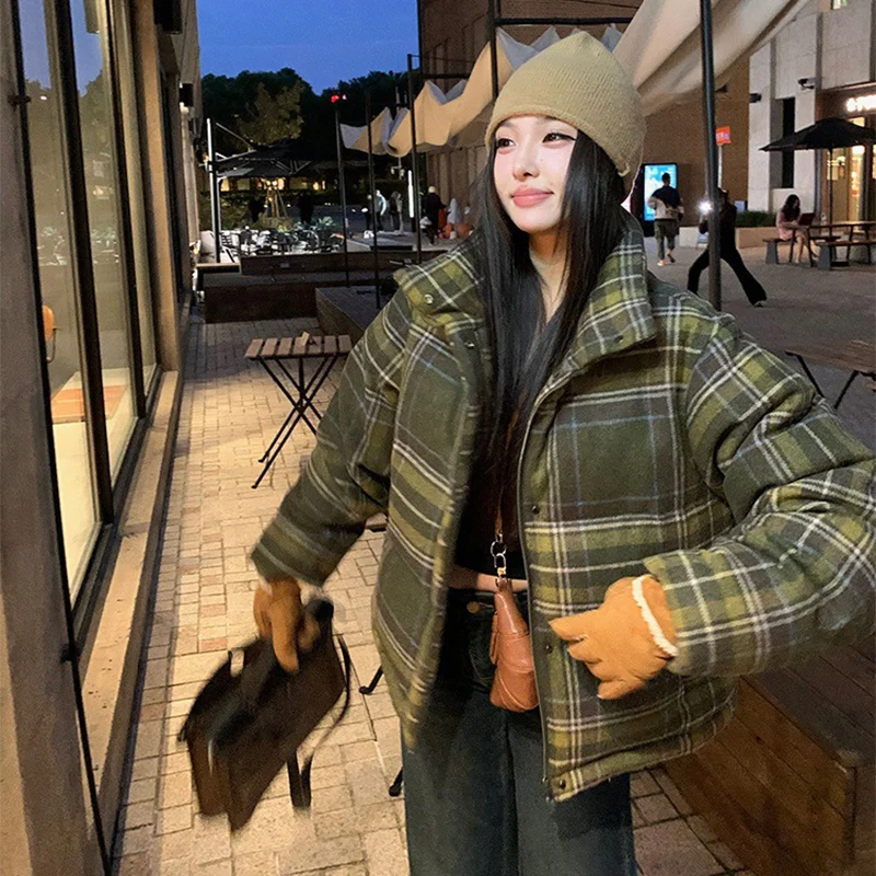 Y2K Street Plaid Print Cotton-Padded Jacket Women Winter Thicken Warm Puffy Bread Coat Korean Retro Student Down Cotton Parkas