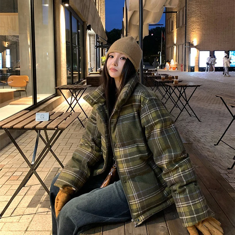 Y2K Street Plaid Print Cotton-Padded Jacket Women Winter Thicken Warm Puffy Bread Coat Korean Retro Student Down Cotton Parkas