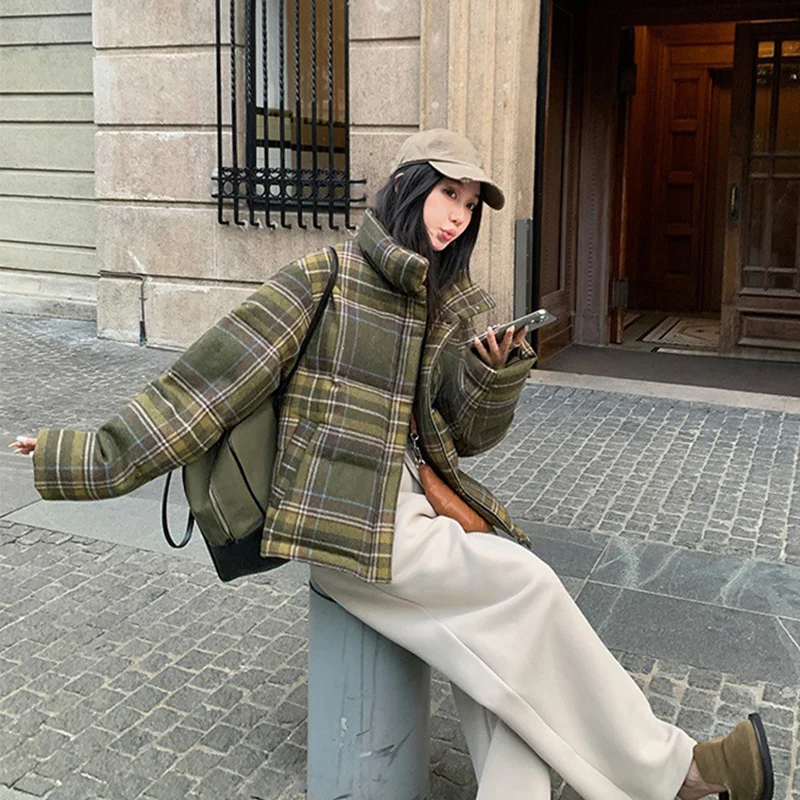 Y2K Street Plaid Print Cotton-Padded Jacket Women Winter Thicken Warm Puffy Bread Coat Korean Retro Student Down Cotton Parkas