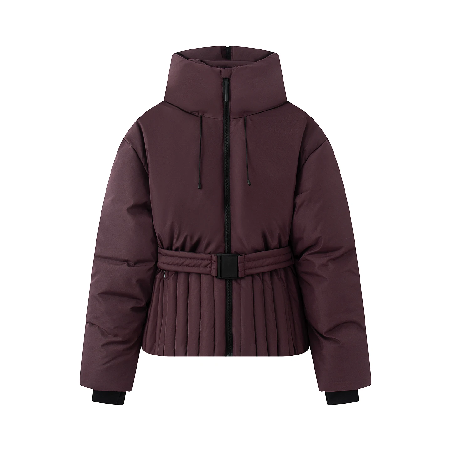2026 Women's Elegant Hooded Zipper Burgundy Skiing Padded Snow Sports Coats Lady Chic Thicken Warm Windproof Jackets Parkas Belt