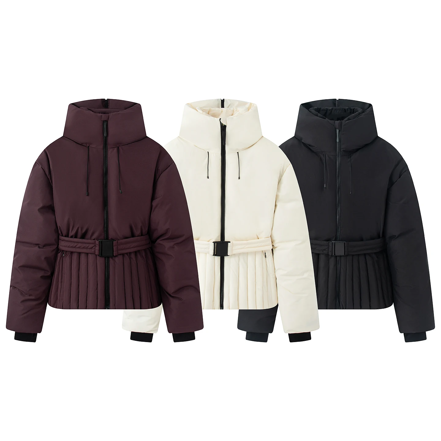 2026 Women's Elegant Hooded Zipper Burgundy Skiing Padded Snow Sports Coats Lady Chic Thicken Warm Windproof Jackets Parkas Belt