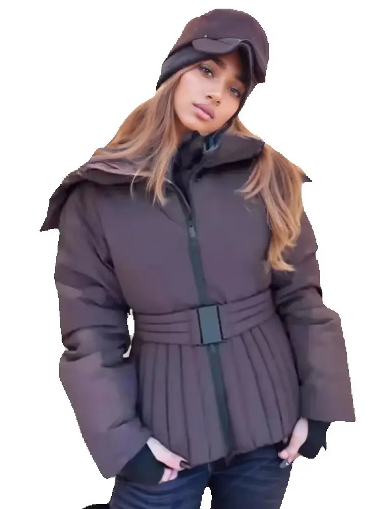 2026 Women's Elegant Hooded Zipper Burgundy Skiing Padded Snow Sports Coats Lady Chic Thicken Warm Windproof Jackets Parkas Belt