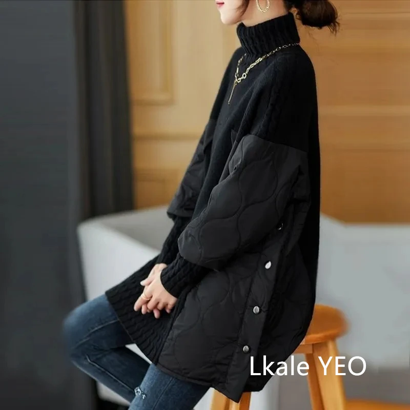 Women's Winter Parka Coat 2025 Fashion Versatile Lady Splicing Knitted Outerwear Temperament Casual Ladies Sweater Jacket